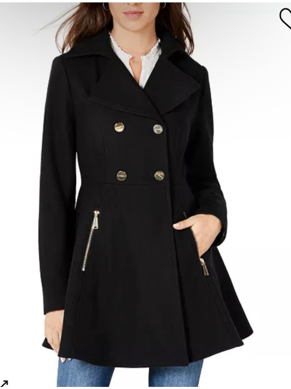 Laundry By Shelli Segal Black Double-Breasted Pea Coat with Gold Hardware